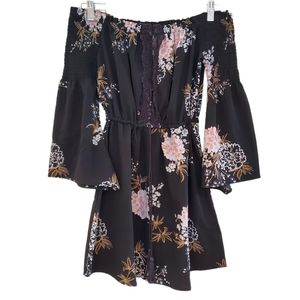 Y2K Floral Black Off The Shoulder Bell Sleeve Mini Dress By Feathers Medium